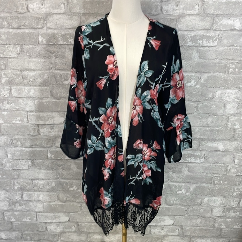 Blashe Black and Pink Floral Kimono with Flowing Bell Sleeves